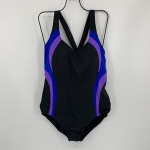Lands End athletic tank swimsuit black criss cross back colorblock new 16 D-cup